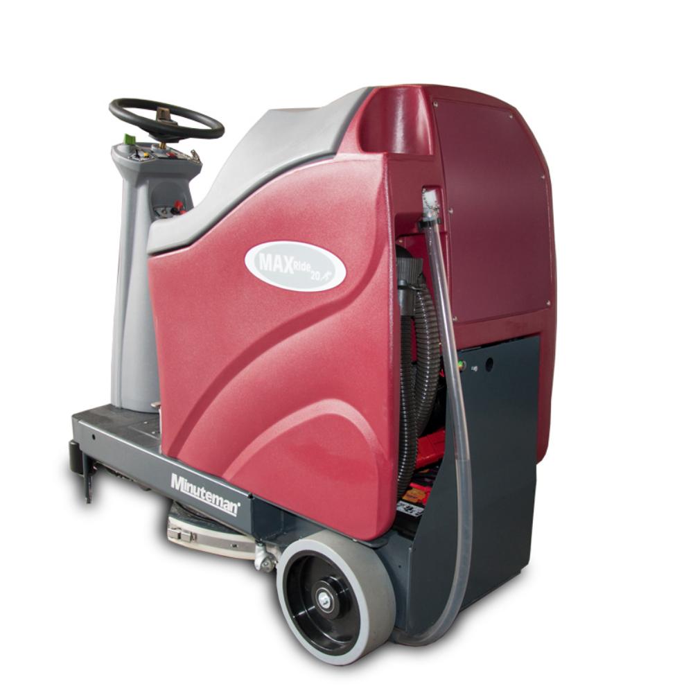 red and grey minuteman max ride 20 riding floor scrubber showing large rear wheel
