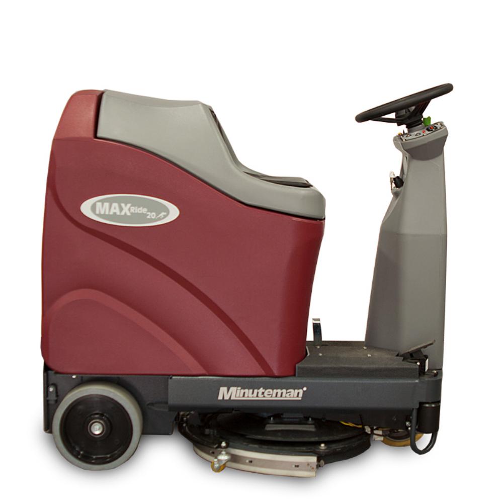 right side view of red and grey minute man max ride 20 ridding floor scrubber