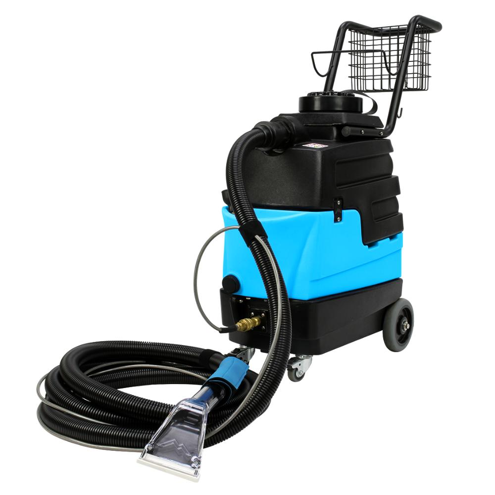 Blue and black cleaning machine with hose and nozzle on a white background