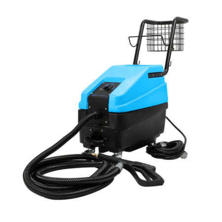 Blue and black cleaning machine with hoses on a white background