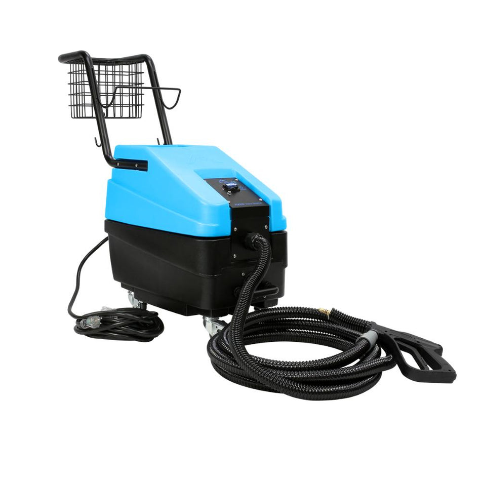 Blue and black cleaning machine with hose on a white background