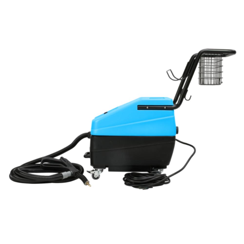Blue and black cleaning machine with hose on a white background