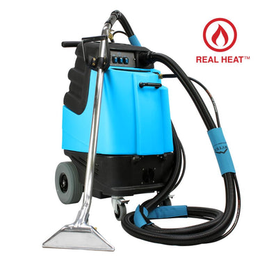 Blue carpet cleaning machine with 'Real Heat' logo on a white background