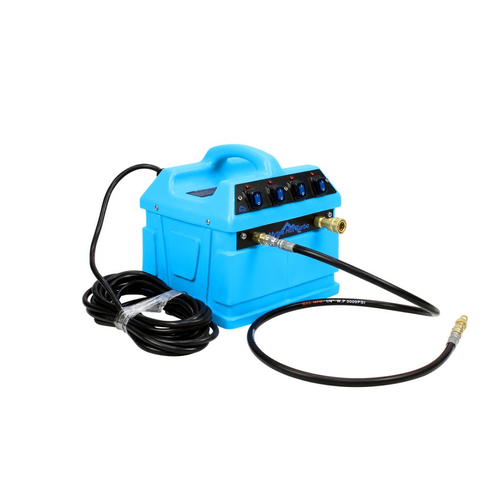 Blue pressure washer with hoses on a white background