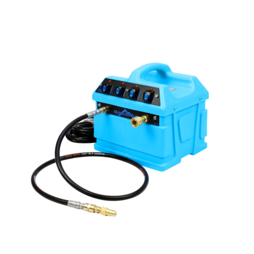 Blue air compressor with hose on a white background