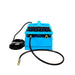Blue air compressor with black hoses on a white background