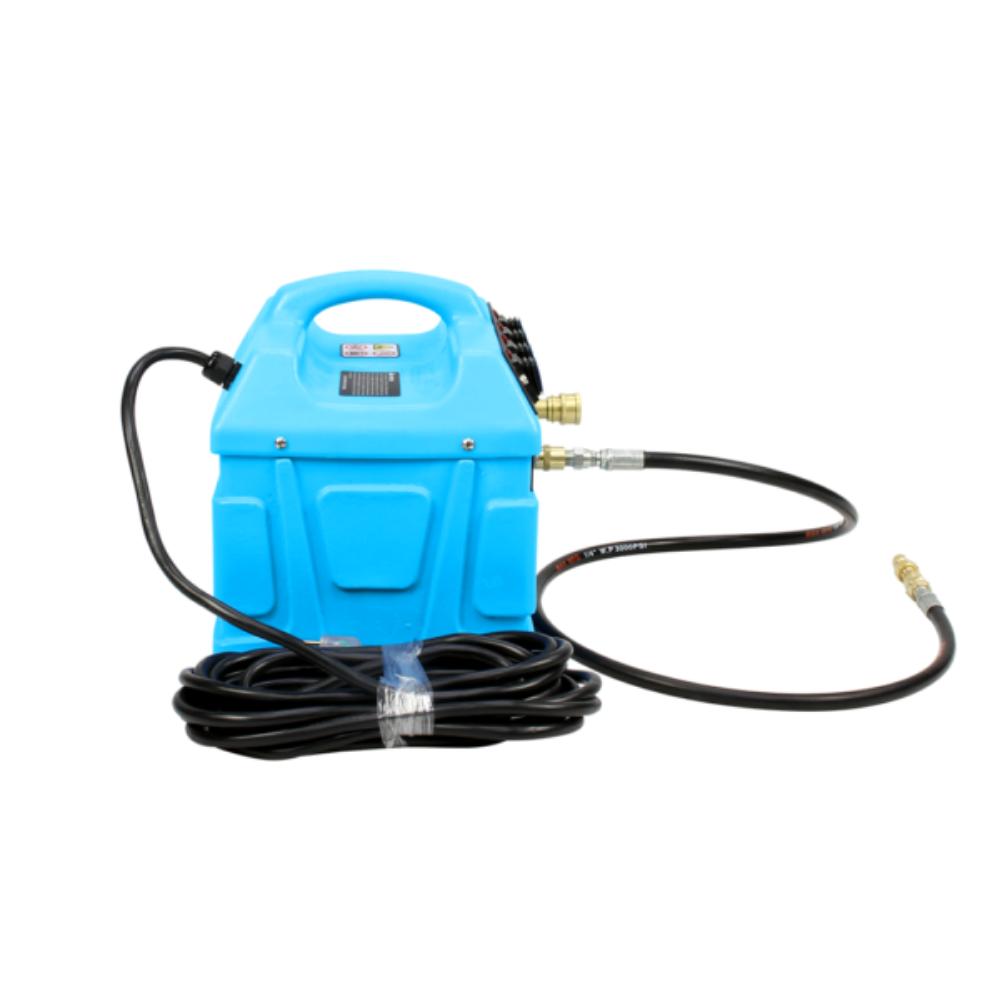 Blue pressure washer with black hoses on a white background