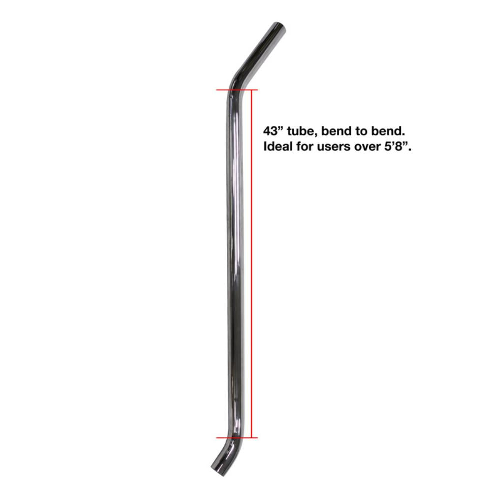 Chrome handlebar with dimensions and user height recommendation on a white background