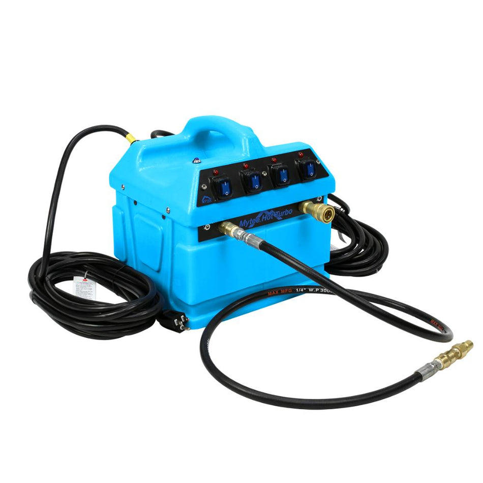 Blue pressure washer with hoses on a white background