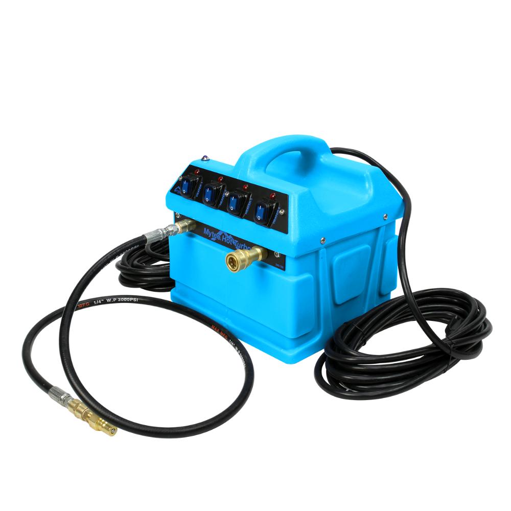 Blue pressure washer with hoses on a white background