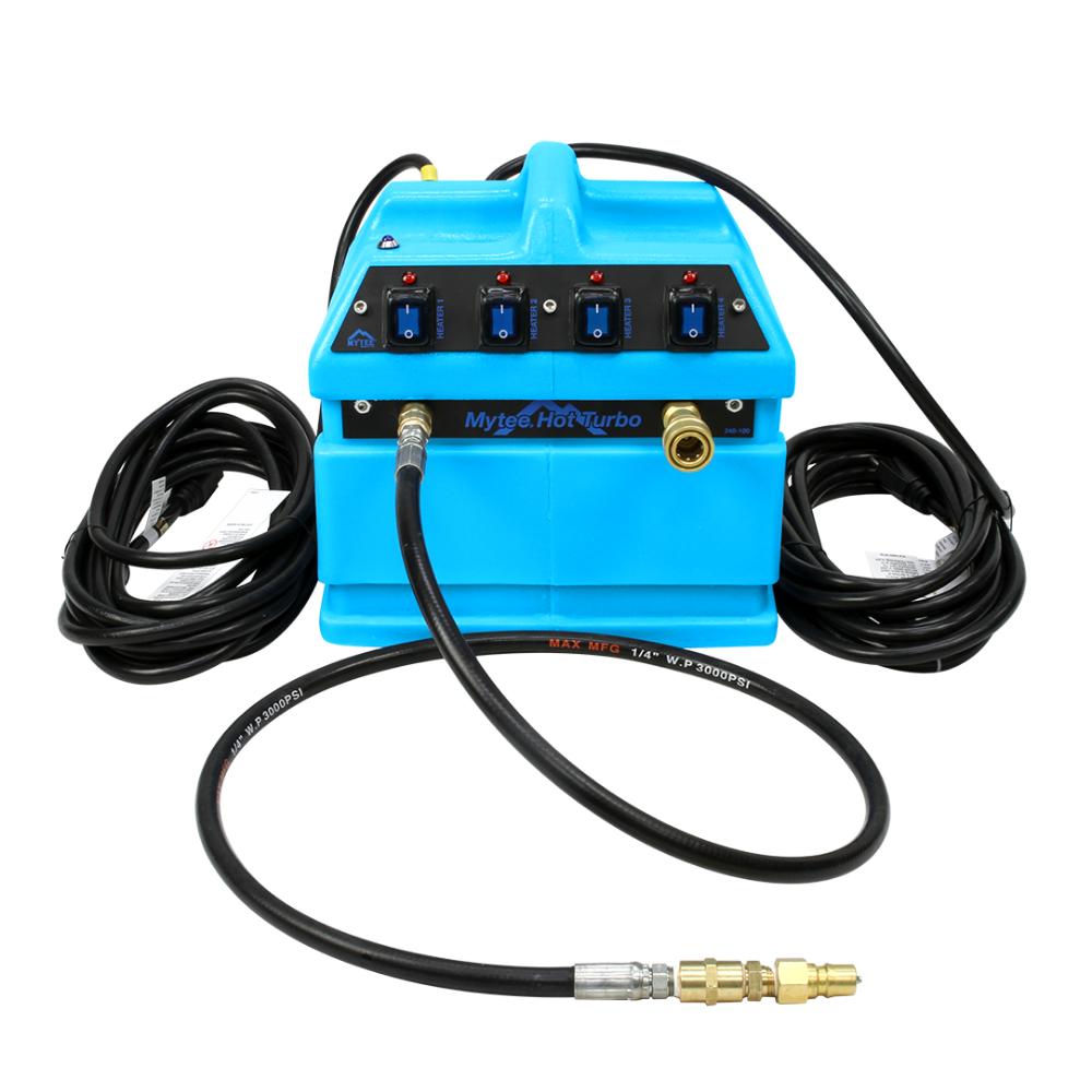 Blue electronic device with cables on a white background