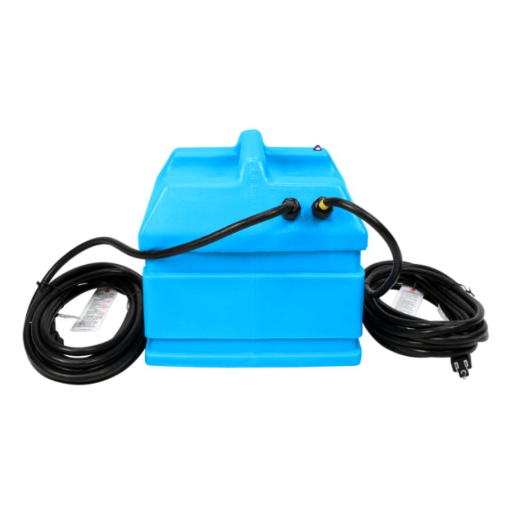Blue machine with black cables on a white background