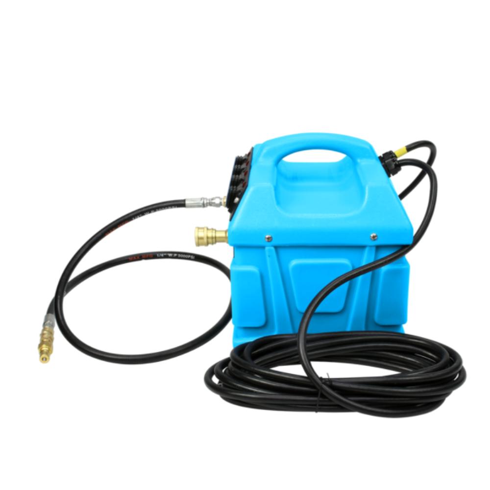 Blue pressure washer with hoses on a white background
