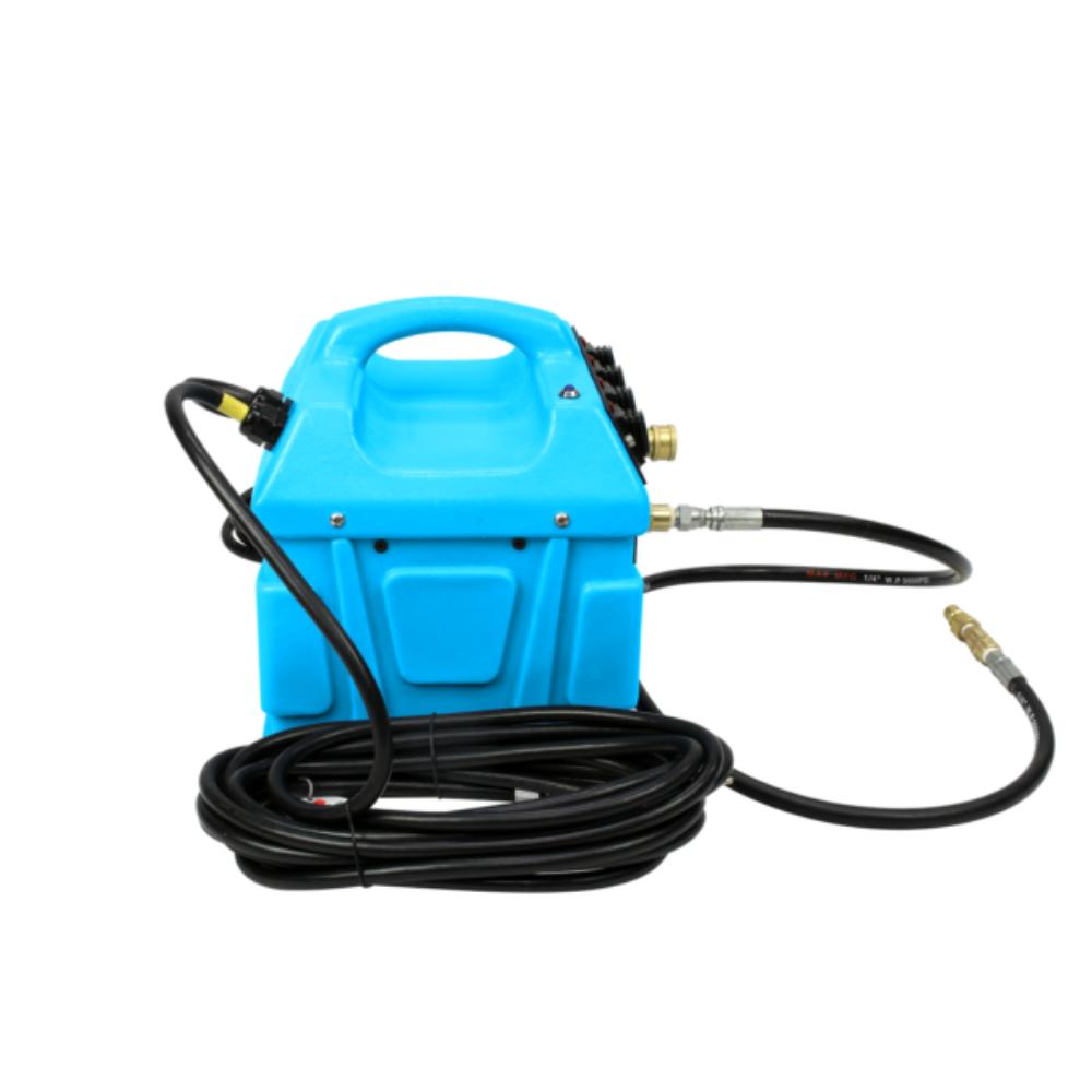 Blue pressure washer with hoses on a white background