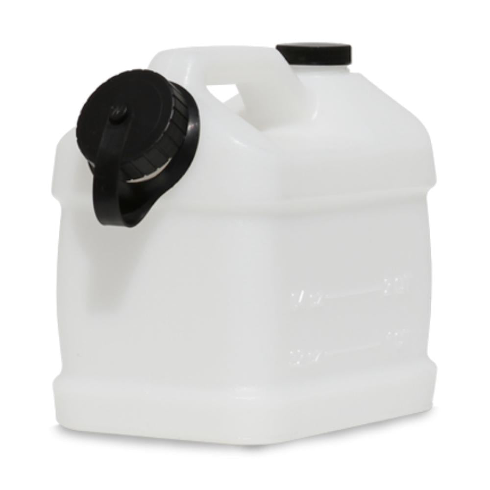 White plastic container with black lid on a white background