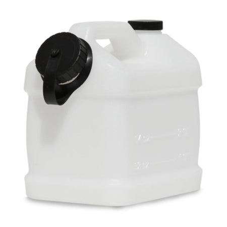 White plastic container with black lid on a white background