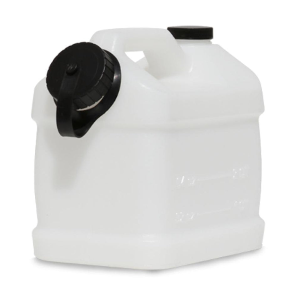 White plastic container with black lid on a white background