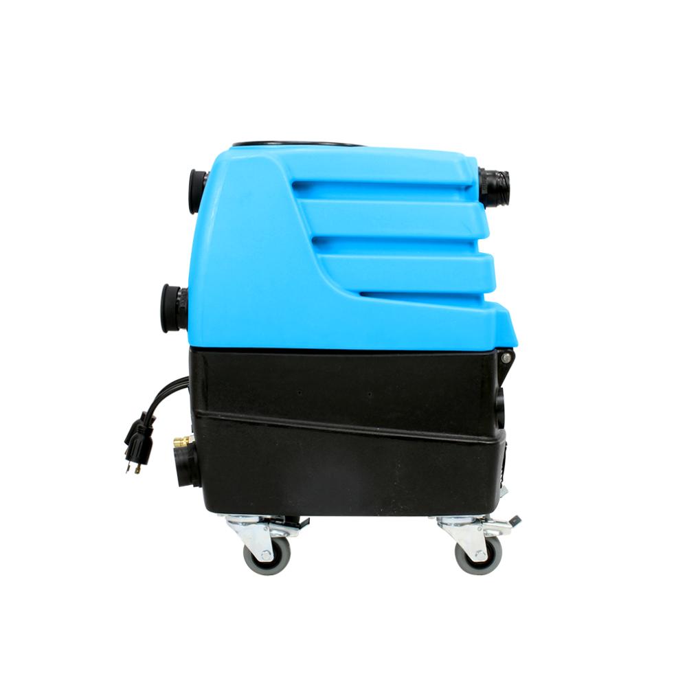Blue and black machine on wheels with a white background