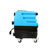 Blue and black machine on wheels with a white background