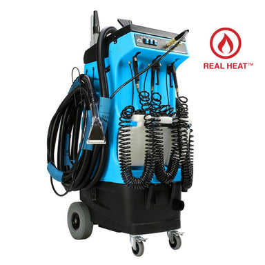 Blue and black industrial machine with hoses on a white background, featuring 'Real Heat' logo.