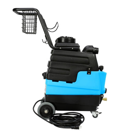 Blue and black industrial cleaning machine with a basket attachment on a white background