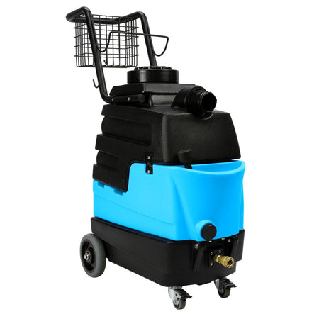 Blue and black cleaning machine with a basket on a white background