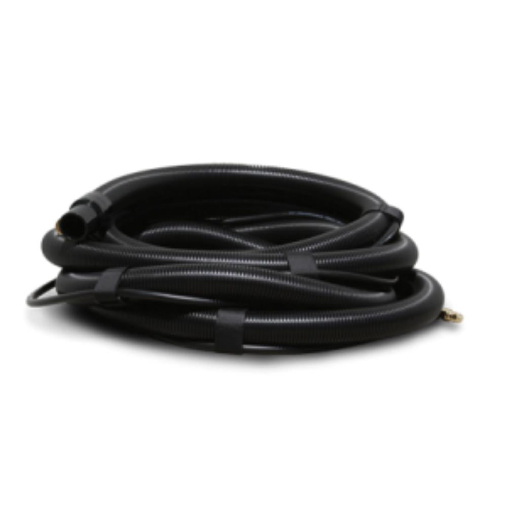 Coiled black hose on a white background