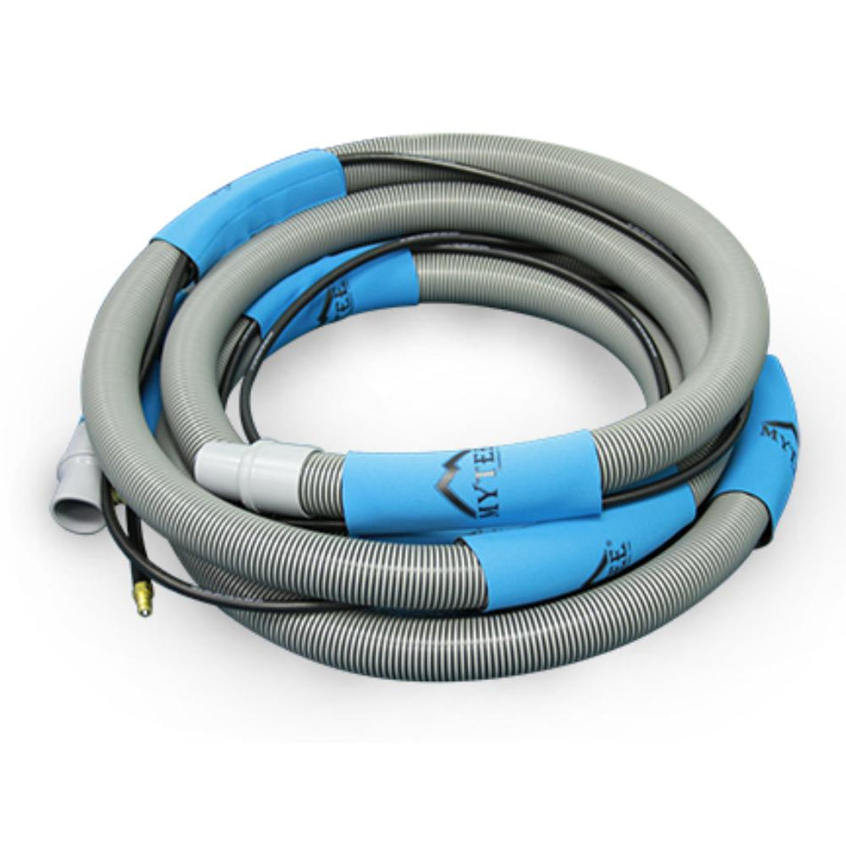 Coiled gray and blue vacuum hose on a white background