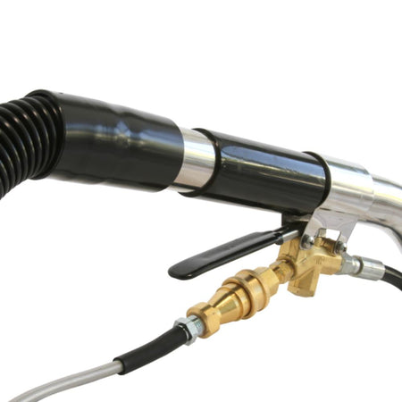 Mytee-8300_EZ Close-up of a high-pressure washer nozzle with black and silver hose on a white background