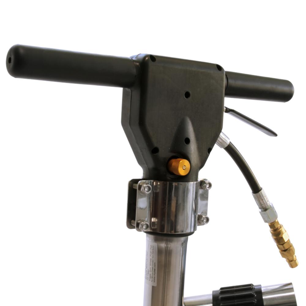 Pressure washer gun with black handle and silver body on a white background
