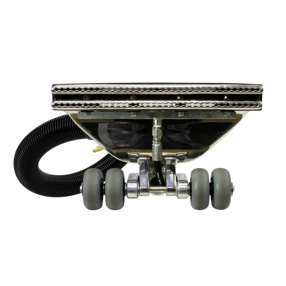 Cleaning tool with a metallic head and wheels on a white background