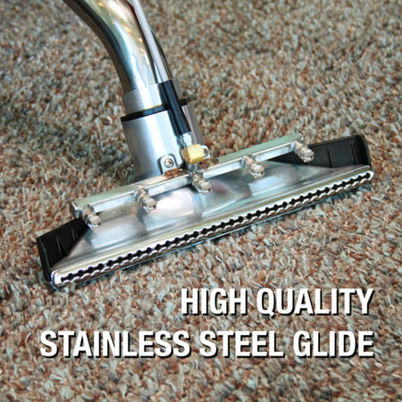 Mytee-8314T Vacuum cleaner head on a carpet with 'High Quality Stainless Steel Glide' text.