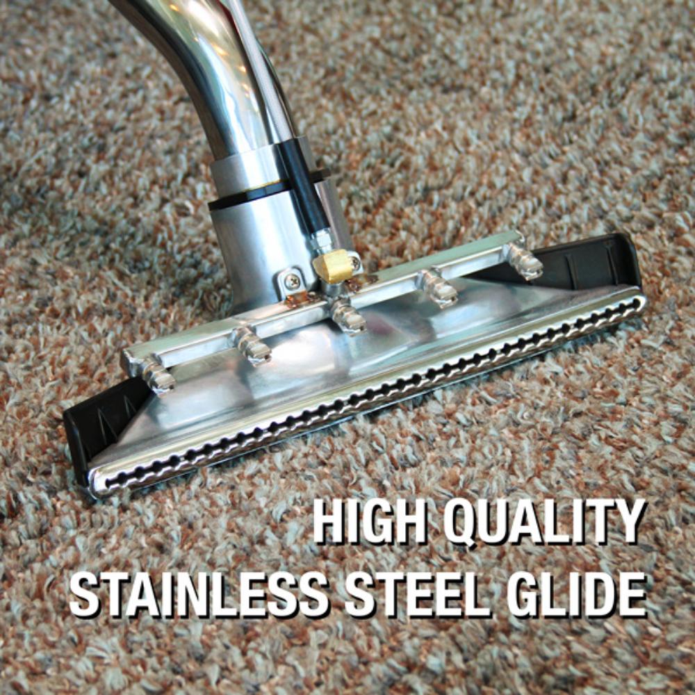 Vacuum cleaner head on a carpet with 'High Quality Stainless Steel Glide' text.