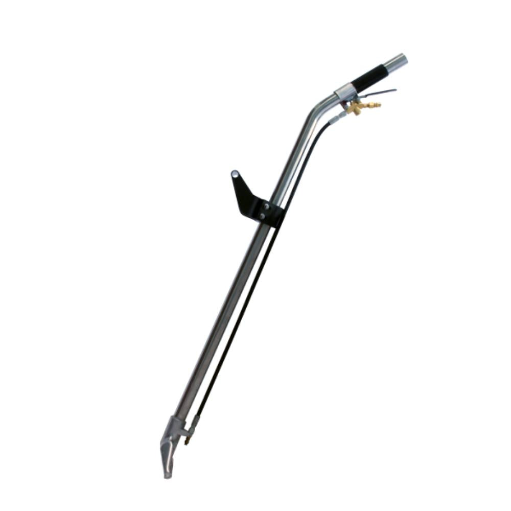 Metal tool with a long handle and curved blade on a white background