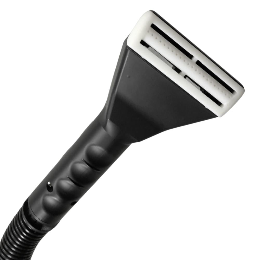 Black and silver shower head on a white background