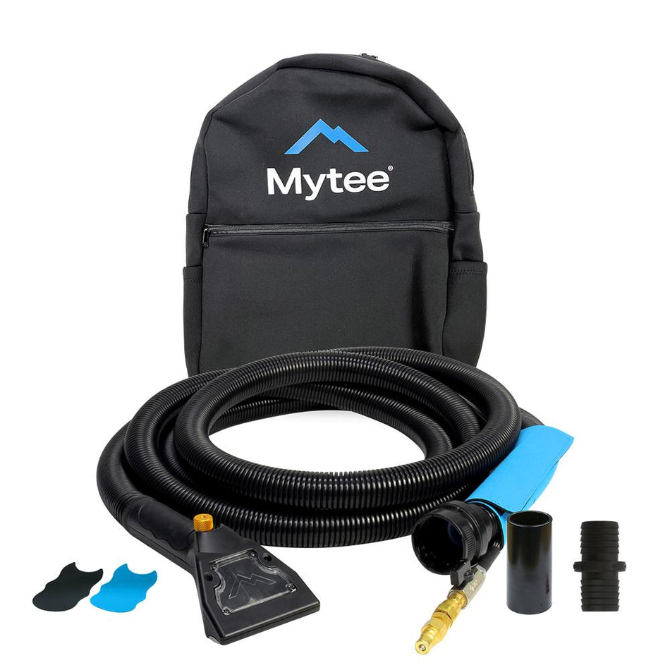 Mytee backpack with cleaning attachments on a white background
