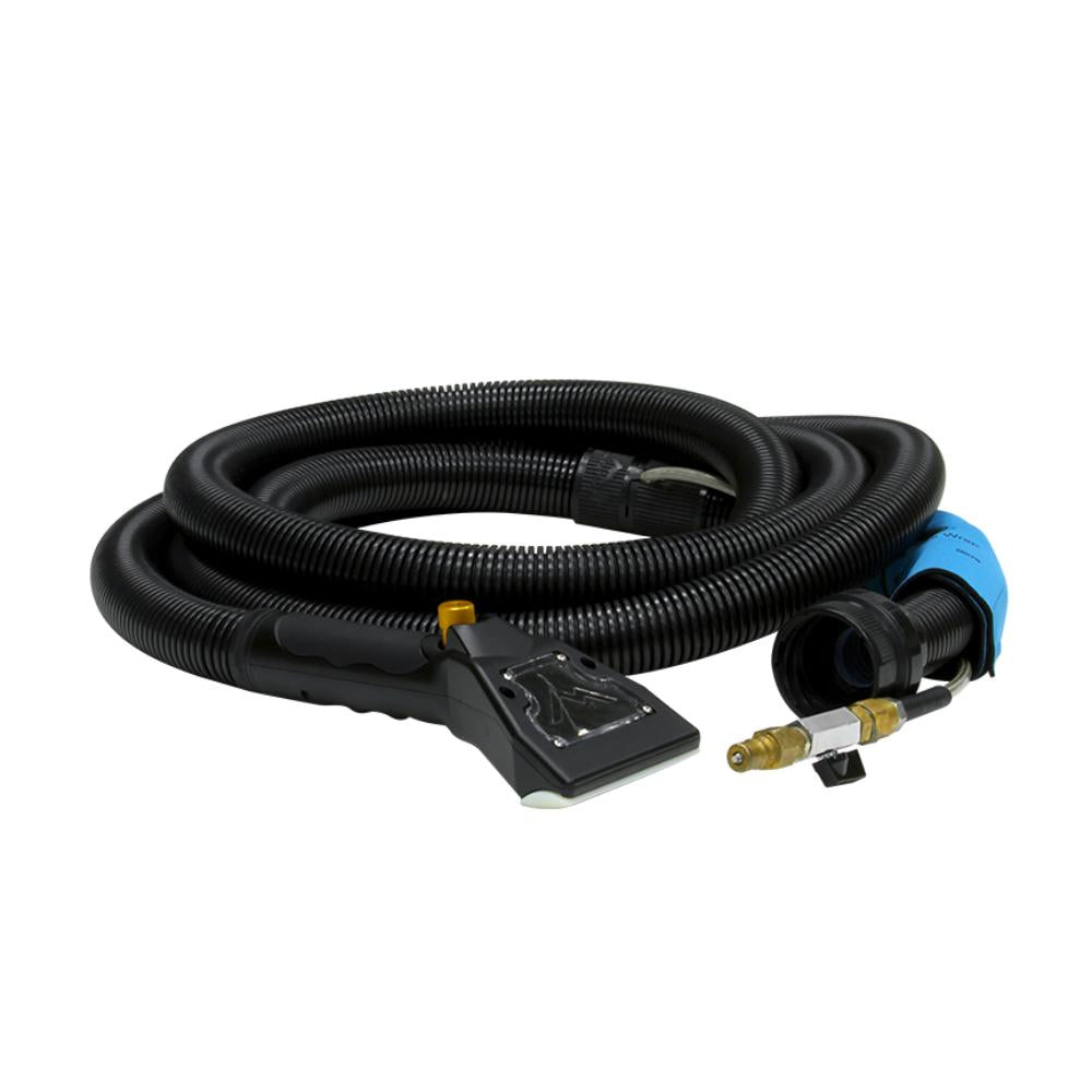 Black vacuum cleaner hose with attachments on a white background