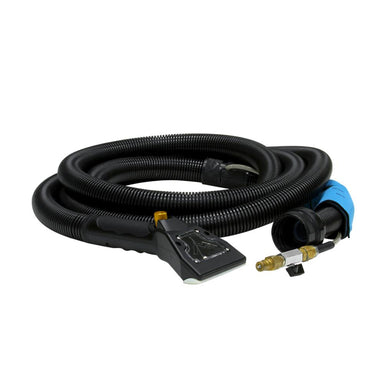 Black vacuum cleaner hose with attachments on a white background