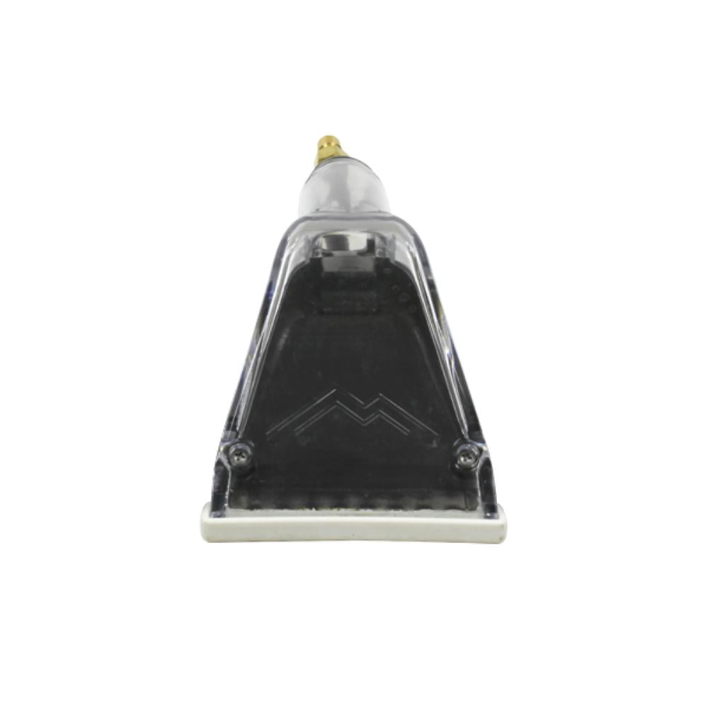 Black and clear plastic component on a white background