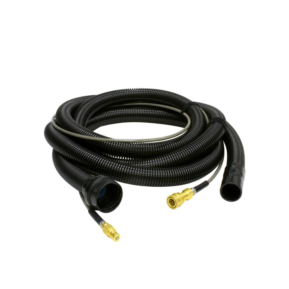 Coiled black hose with brass fitting on a white background