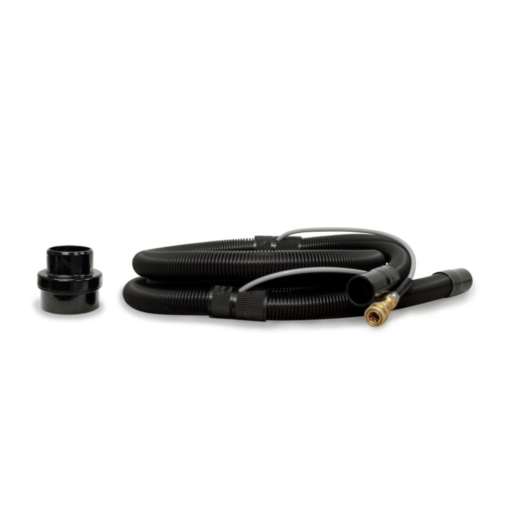 Black vacuum hose and attachments on a white background