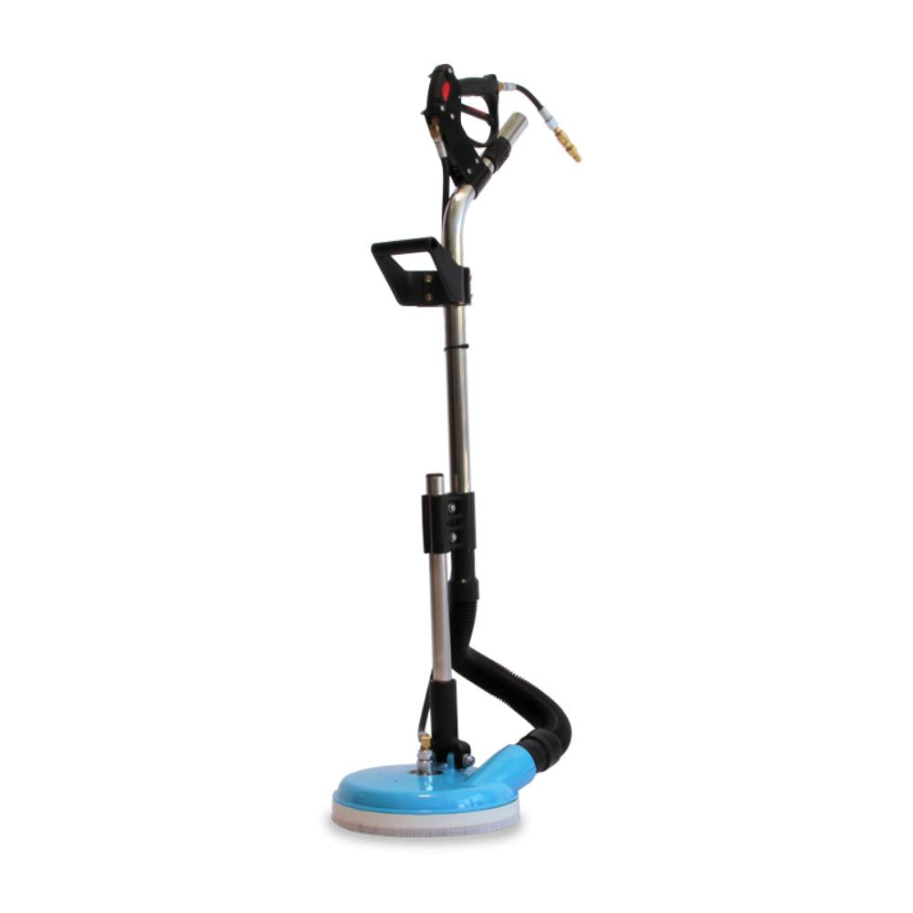 Floor buffer with blue pad on a white background