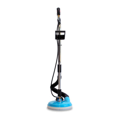 Floor buffer with blue pad on a white background