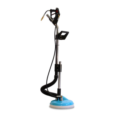 Floor buffer with blue base and black handle on a white background