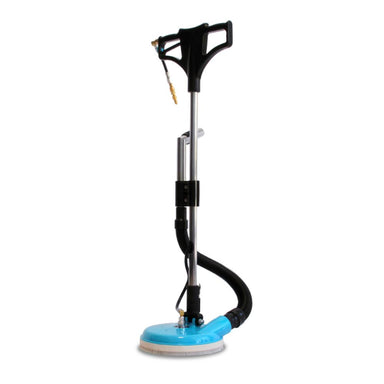 Floor buffer with blue base and black handle on a white background