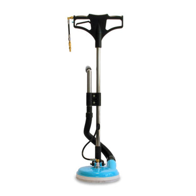 Floor cleaning machine with blue base and black handle on a white background