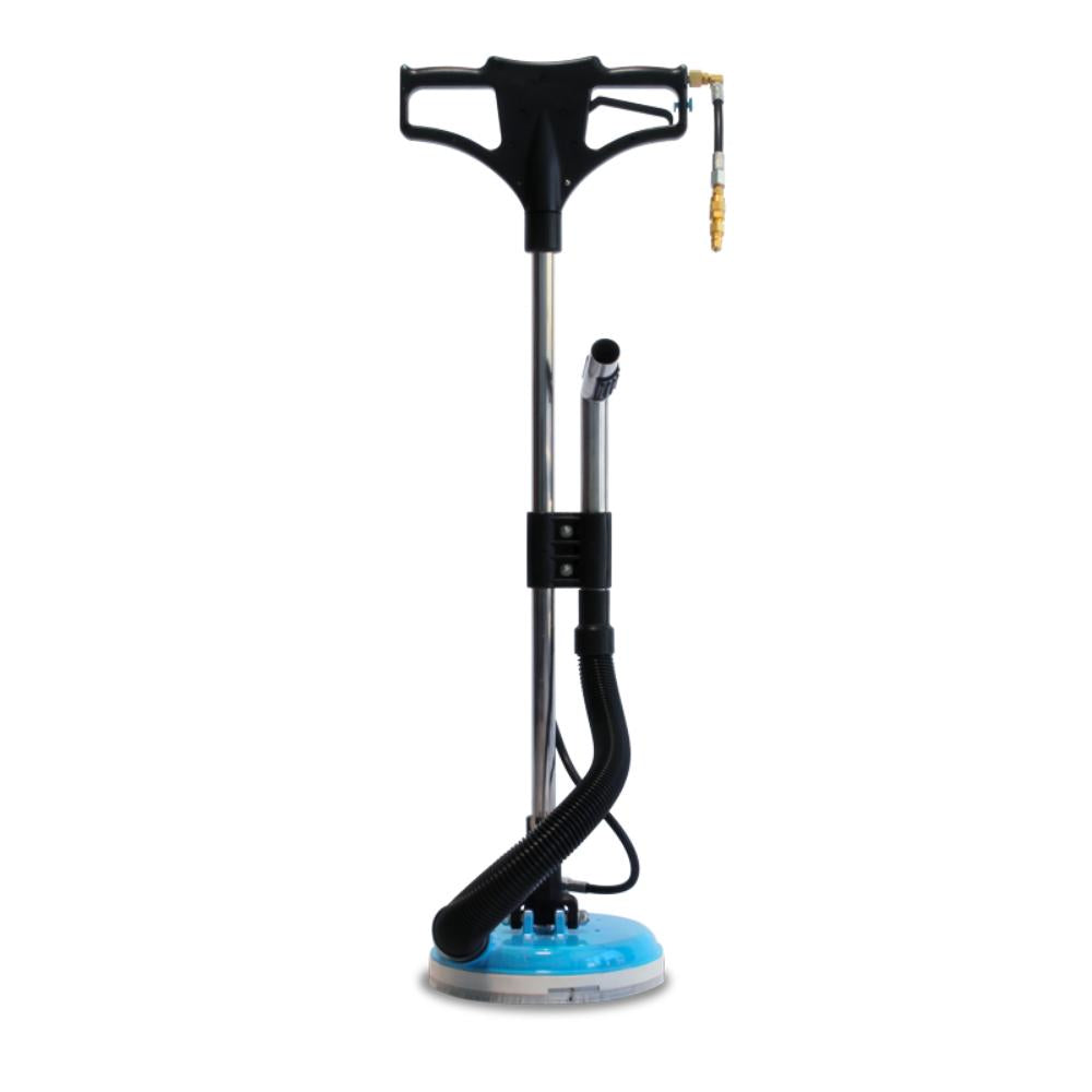 Mytee-8904-Spinner Portable cleaning device with a blue base and black handle on a white background