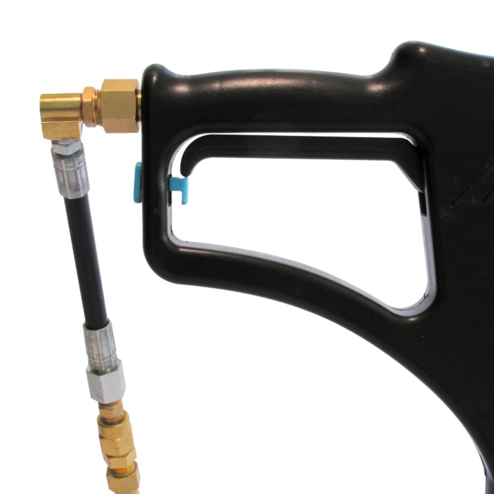 Mytee-8904-Spinner Black pressure washer gun with brass nozzle on a white background