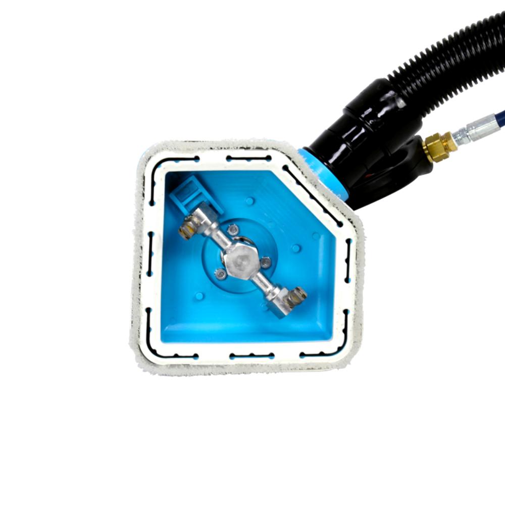 Blue gas valve with white casing on a white background