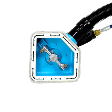 Blue gas valve with white casing on a white background